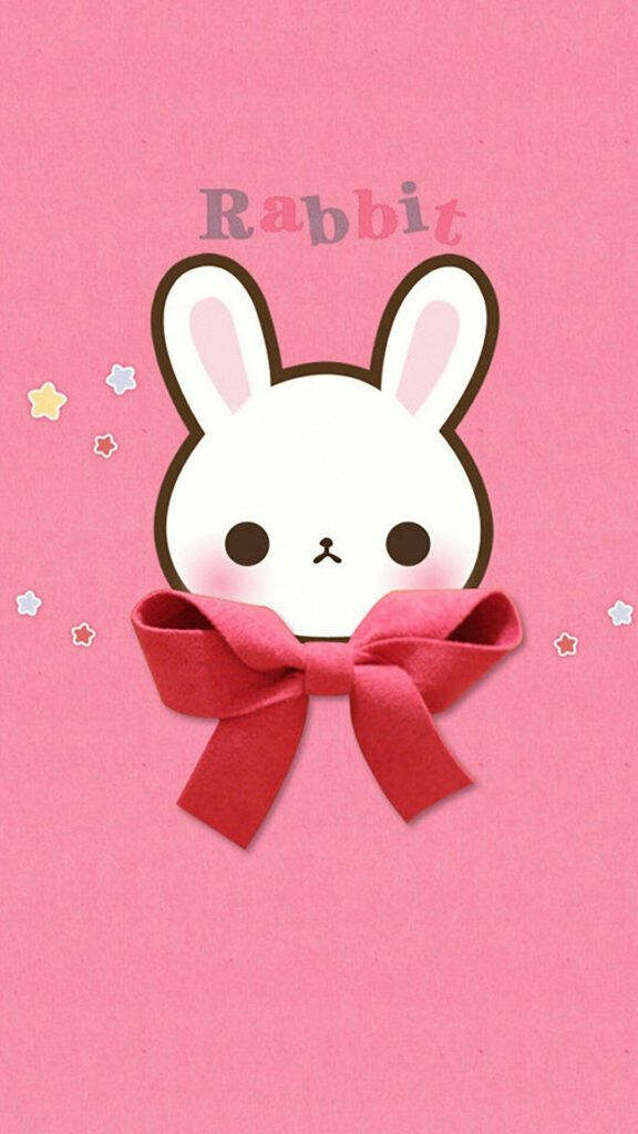 Playful Bunny Bliss: Cozy Android Wallpaper featuring a White Rabbit, a Pink 3D Ribbon, and a Pretty in Pink Background