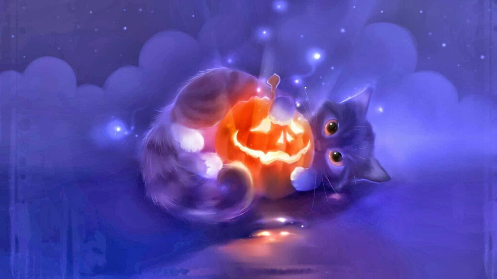 Cute Anime Kitty Posing Against Kawaii Anime Cat Backdrop Wallpaper