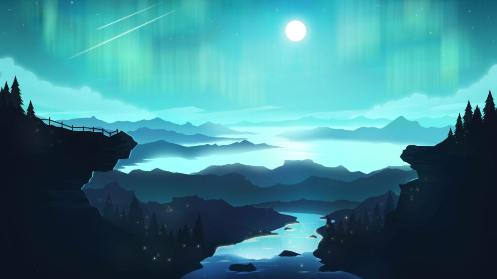 Enchanting Nature Tapestry: Cyan Skies Embrace Majestic Black Trees, River, and Northern Lights Wallpaper