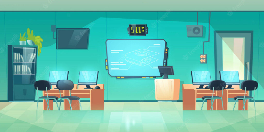 Cyber Oasis: An Immersive Computer Classroom Experience Wallpaper