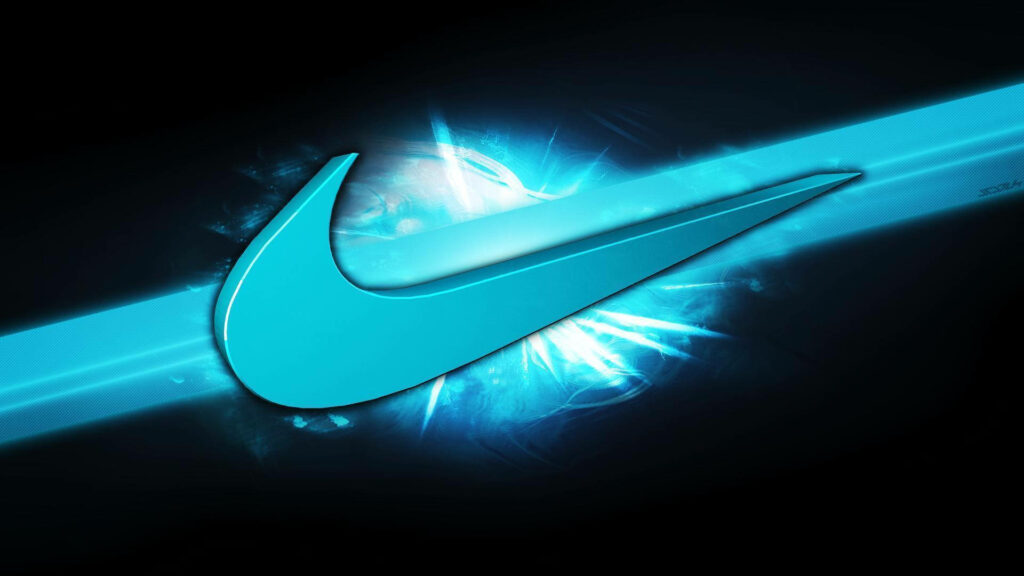 Cyan Splash: Sleek Nike Logo Shines Against Bold Black Canvas Wallpaper