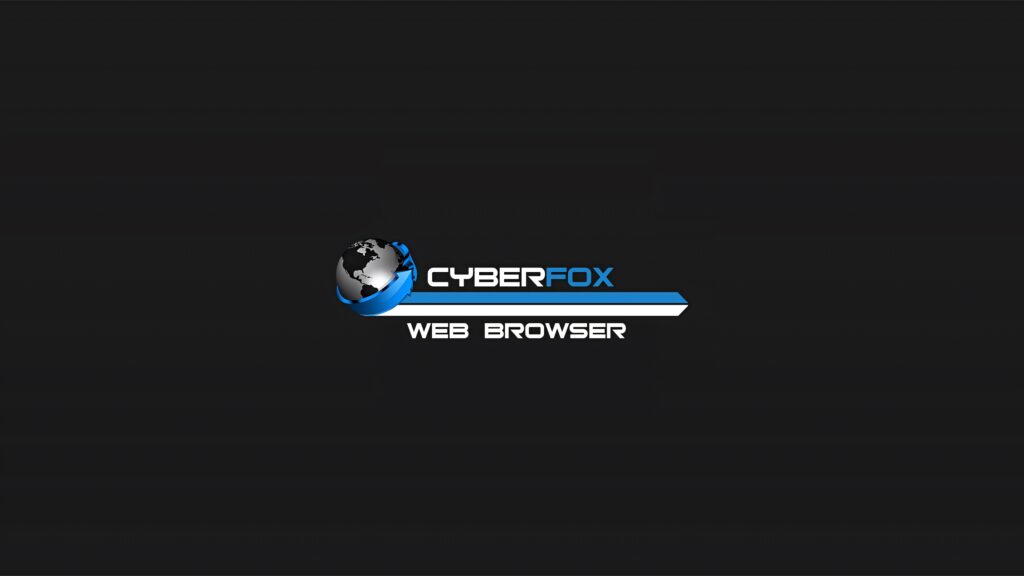 Blue and black Cyberfox browser wallpaper with sleek metallic logo on dark modern background