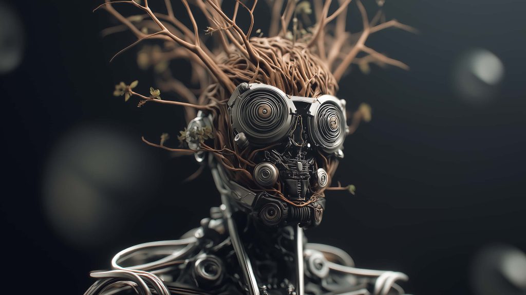 Intricate biomechanical android with tree root features and spiral lens eyes 3D digital art Wallpaper
