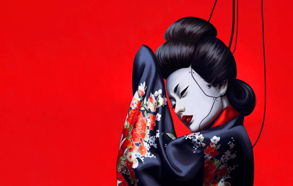 Geisha marionette digital art with floral kimono and mechanical joints on red background Wallpaper