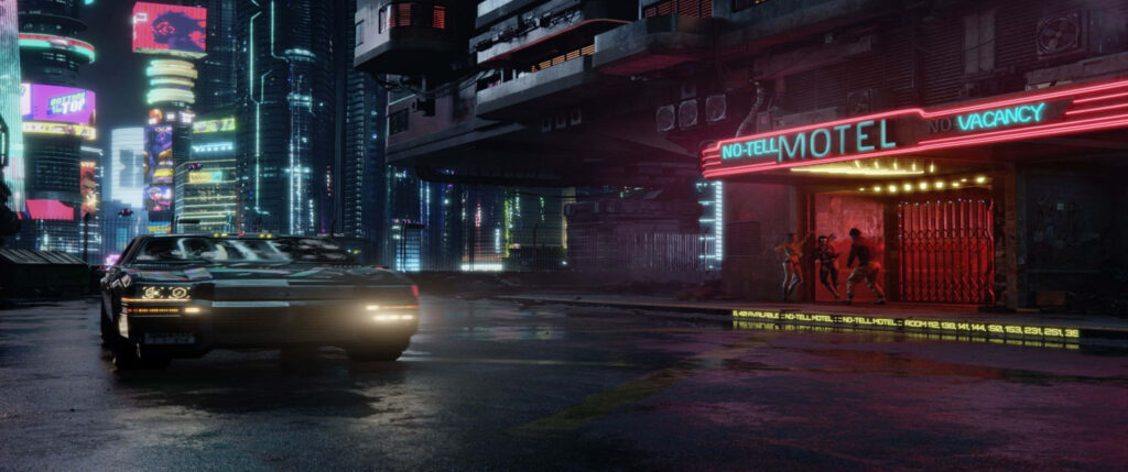 Cyberpunk City Vibes: Futuristic Car Parked in Front of Sleek Hotel Wallpaper
