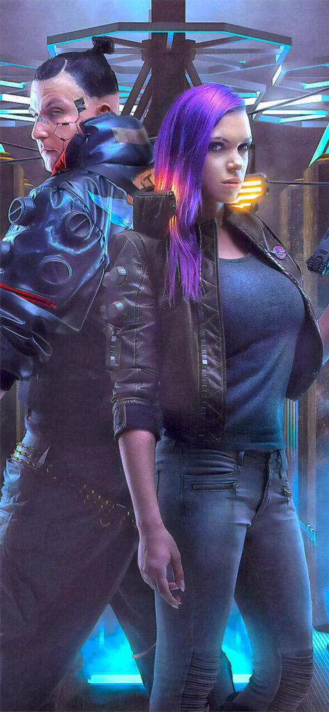 Immersed in a Dystopian Future: A Captivating Background Featuring Cyberpunk 2077's Protagonist Duo in an Epic Visual Wallpaper