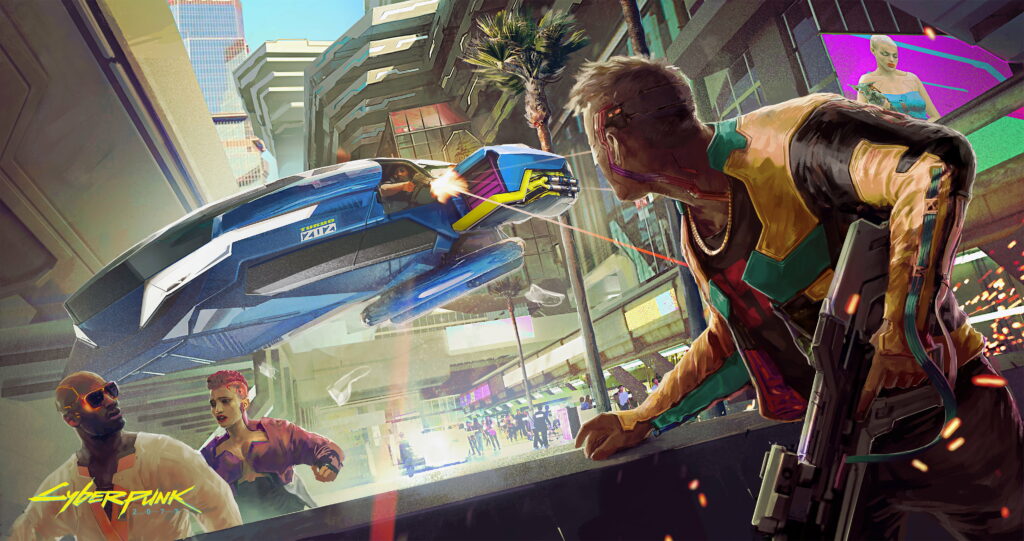 High-Octane Confrontation in Cyberpunk Cityscape: A Futuristic 4K Wallpaper Adventure