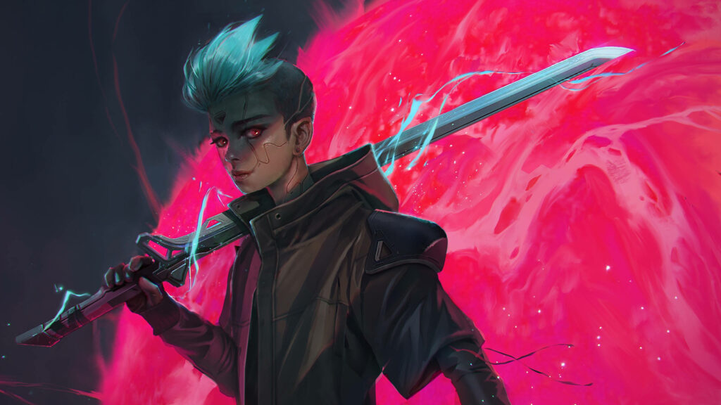 Cyberpunk Odyssey: An Exquisite 2560x1440 Image Immerses Viewers into the Futuristic World of Cyberpunk 2077, Featuring a Sword-Wielding Protagonist Sporting Vibrant Green Hair Wallpaper