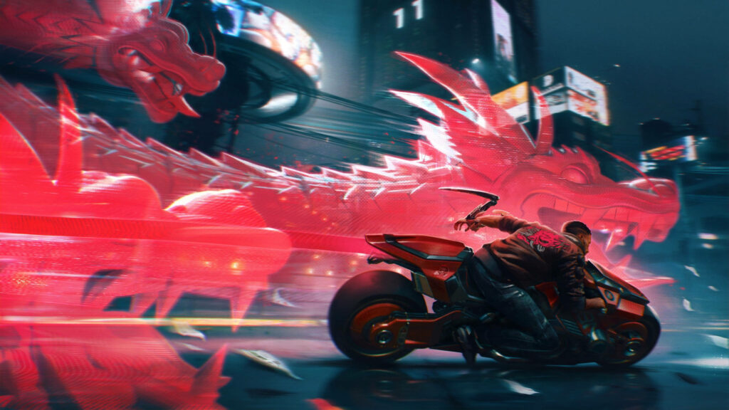 Technological Revolution: Cyberpunk 2077 Unleashes Menace as Red Dragons Stalk Biker in Futuristic Cityscape Wallpaper