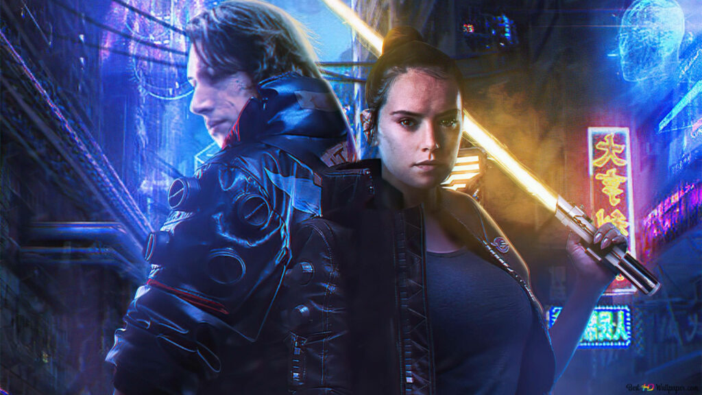 Enduring Allies: A Glimpse into Cyberpunk 2077's Dynamic Duo under Neon Lights Wallpaper