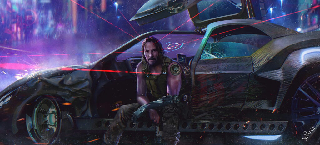 Cyberpunk 2077 wallpaper featuring Johnny Silverhand on neon-lit futuristic car with red lasers