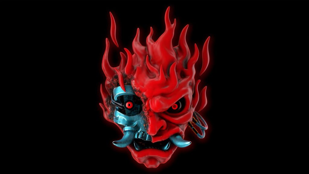3D Cyberpunk 2077 Samurai logo with red Oni mask and blue robotic details on black background Wallpaper