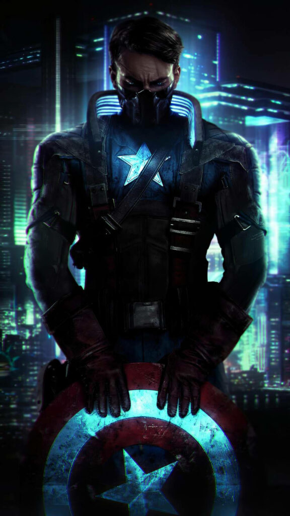 Cybernetic Sentinel: An Epic Fusion of Captain America and Cyberpunk in this Stunning HD Wallpaper