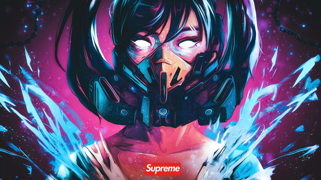 Cyberpunk Anime Warrior with Supreme Logo Armor Wallpaper