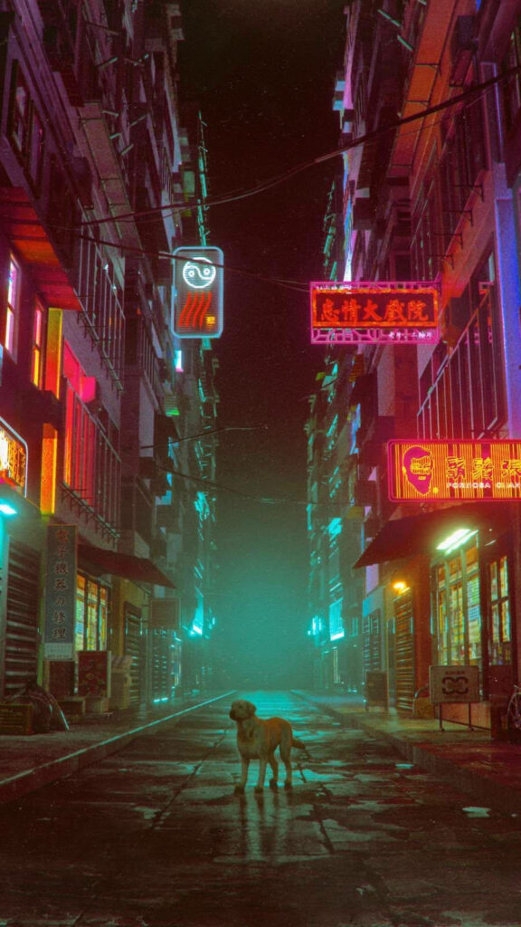 Lone dog on misty Chinatown street with vibrant neon signs in cyberpunk cityscape wallpaper background