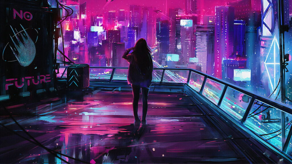 Lone figure overlooking neon cyberpunk cityscape with pink blue lights and No Future sign Wallpaper