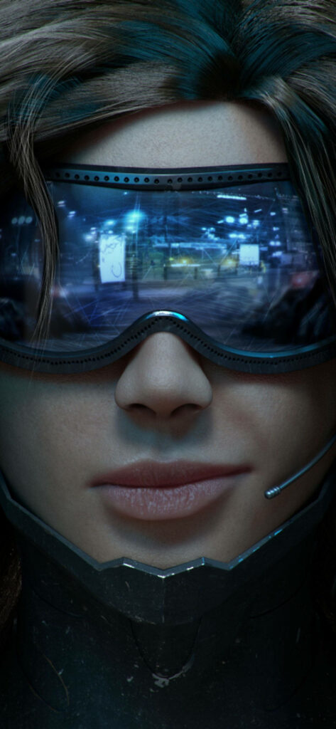Futuristic Cyberpunk Wallpaper with Neon Goggles and Urban Aesthetic