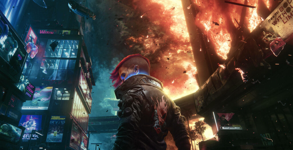 Explosive Cyberpunk Aura: A Mesmerizing Desktop Background Depicting an Intense Character Amidst an Erupting Chaos Wallpaper