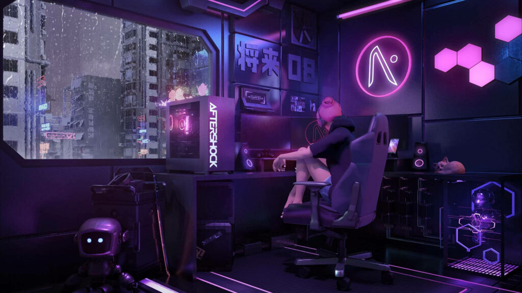 Immersed in Cyber Realms: Anime Prodigy Unleashing Her Gaming Prowess amidst Neon Brilliance Wallpaper