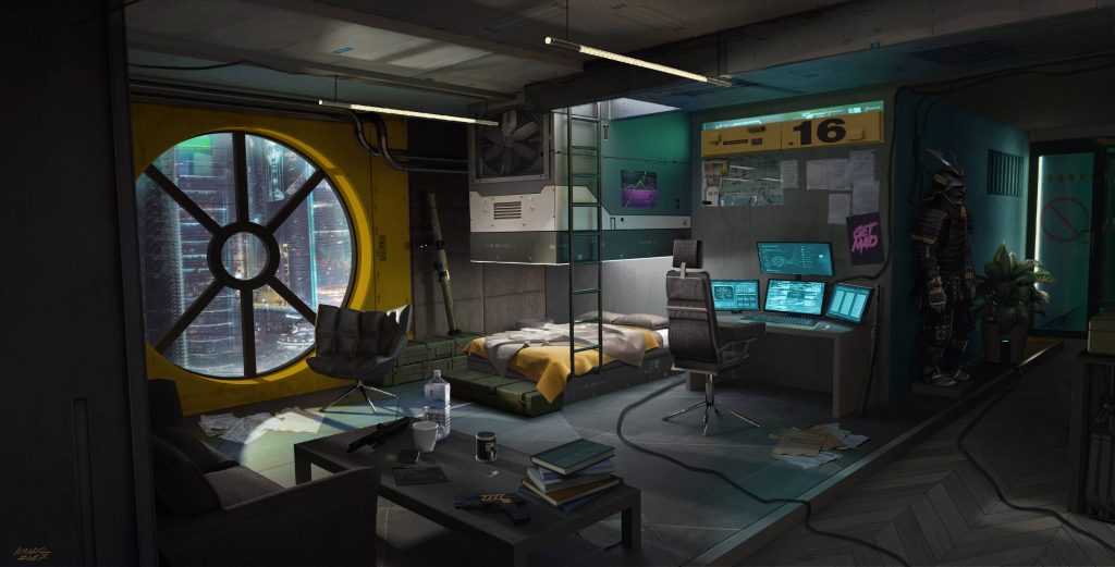 Cyberpunk gaming room with futuristic city view glowing monitors and samurai armor display Wallpaper