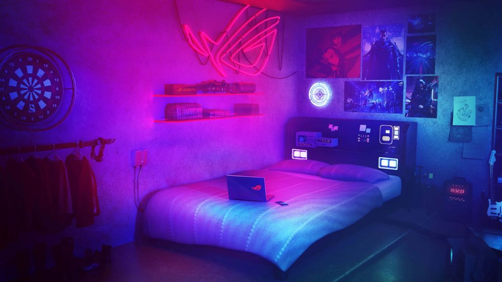 Cyberpunk gaming room wallpaper with neon purple blue lights ROG branding Cyberpunk 2077 posters