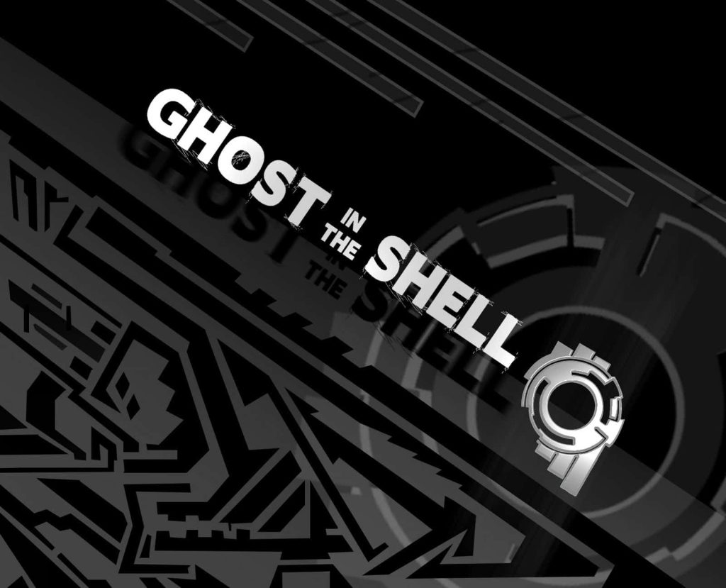 Ghost in the Shell wallpaper with cyberpunk logo and metallic cybernetic symbol on dark background
