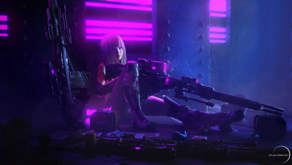 Cyberpunk female sniper in neon pink blue lighting futuristic tactical armor digital art wallpaper
