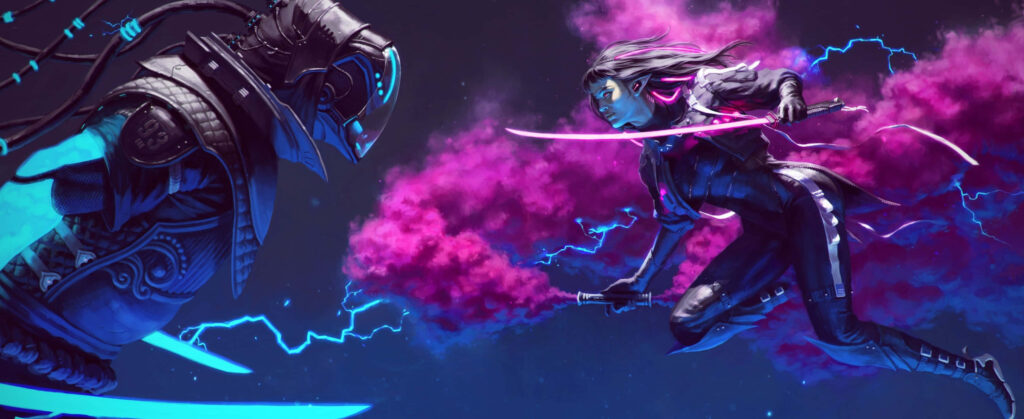 Cyberpunk Battleground: Epic Ultra Wide Gaming Wallpaper with a Fierce Femme Fatale Engaging a Predator amidst Pink Haze