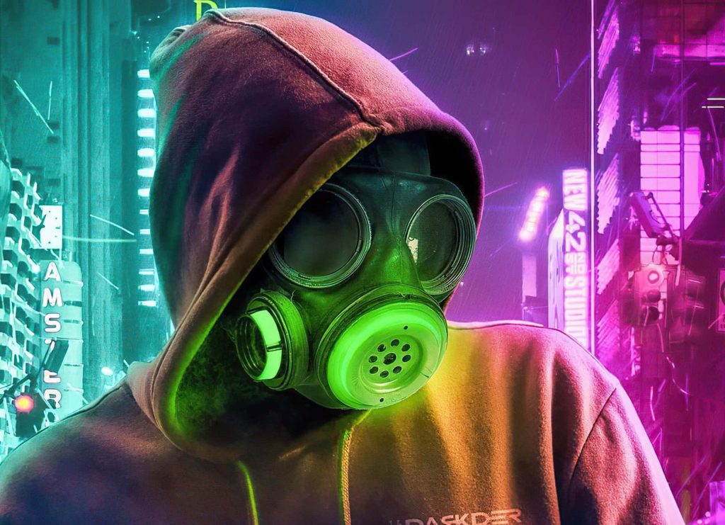 Cyberpunk wallpaper of hooded figure with gas mask glowing green neon city background digital art