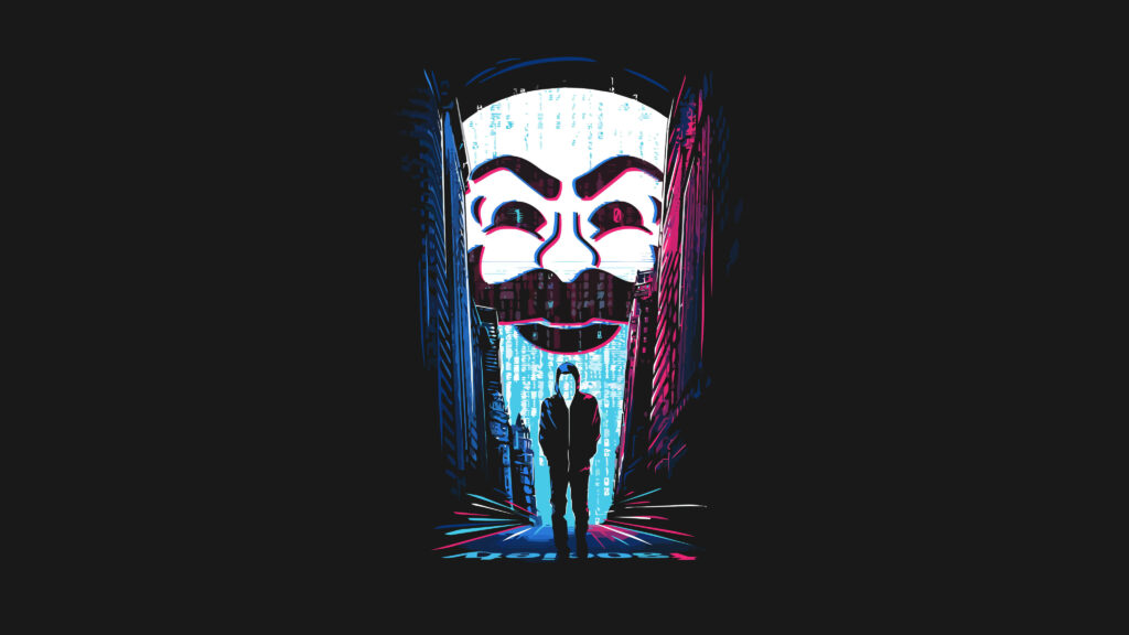 Vibrant Mr. Robot Wallpaper: Mysterious Hacker in Cyberpunk City