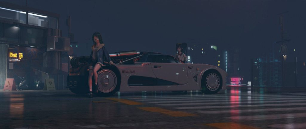 Moody anime girls posing with futuristic white sports car on wet neon-lit cyberpunk city street night Wallpaper