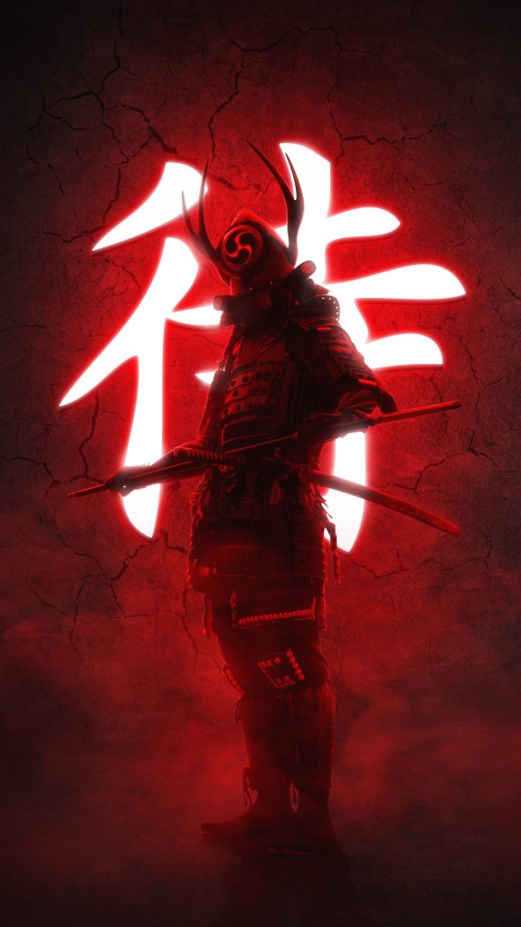 Cyberpunk Japanese samurai wallpaper with armored warrior neon red kanji cracked wall background