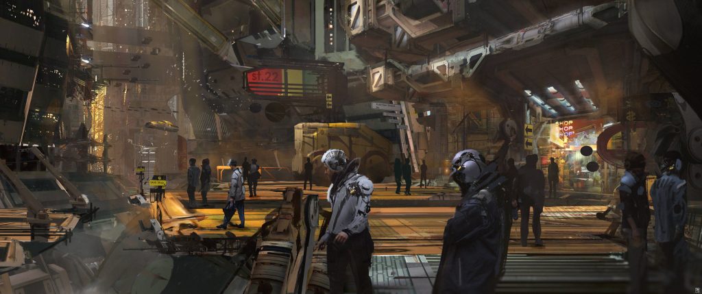 Futuristic cyberpunk slum with cybernetic figures in industrial urban transit hub at dusk Wallpaper
