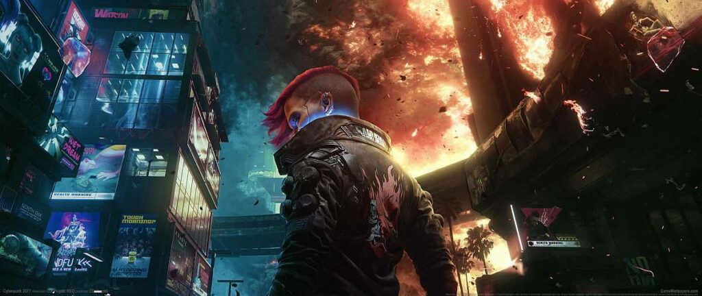 Burning Cityscape: Cyberpunk Femme Fatale in Ultrawide Perspective Wallpaper