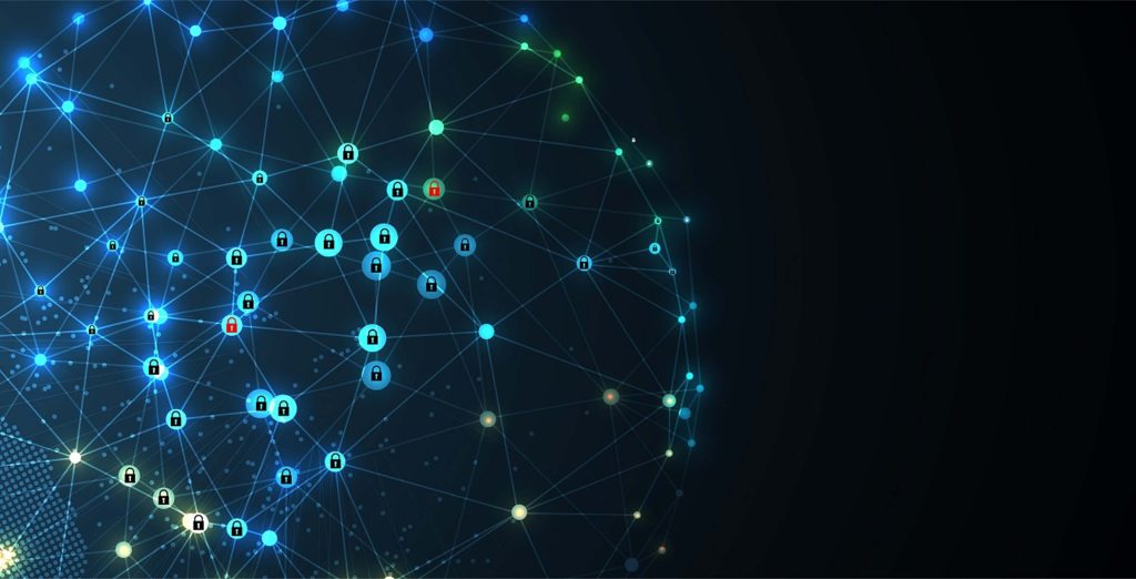 Abstract glowing network with padlocks on black background symbolizing cybersecurity protection Wallpaper
