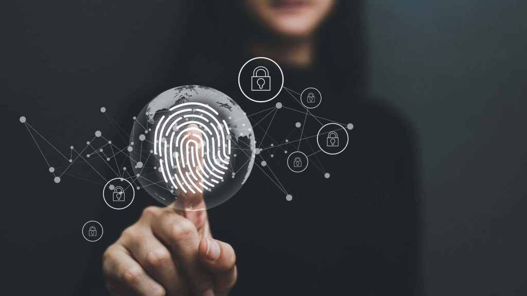 Person touching holographic globe with fingerprint digital network nodes and padlock icons cybersecurity wallpaper