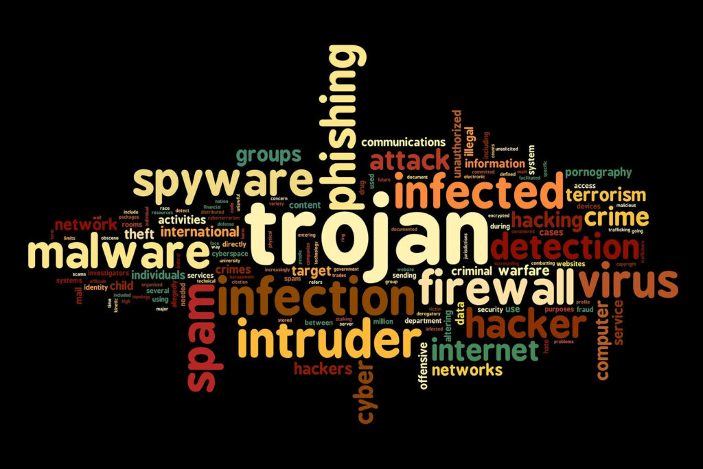 Colorful Cybersecurity Word Cloud Wallpaper: Trojans, Viruses, Malware