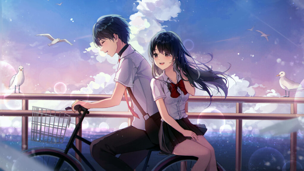 Romantic Ride: Adorable Anime Couple Cycling Amidst Majestic Seagulls and Scenic Sky Wallpaper
