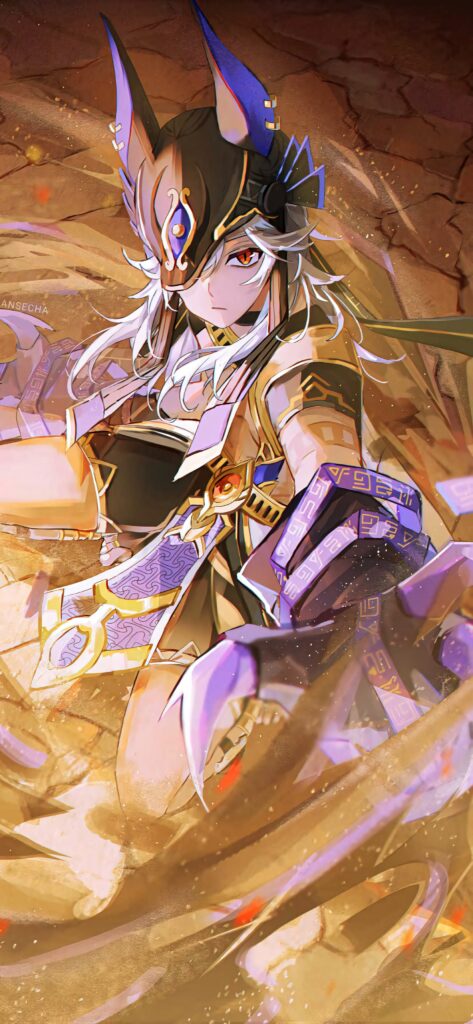 Cyno Genshin Impact wallpaper with vibrant golden tones and intricate armor in action pose