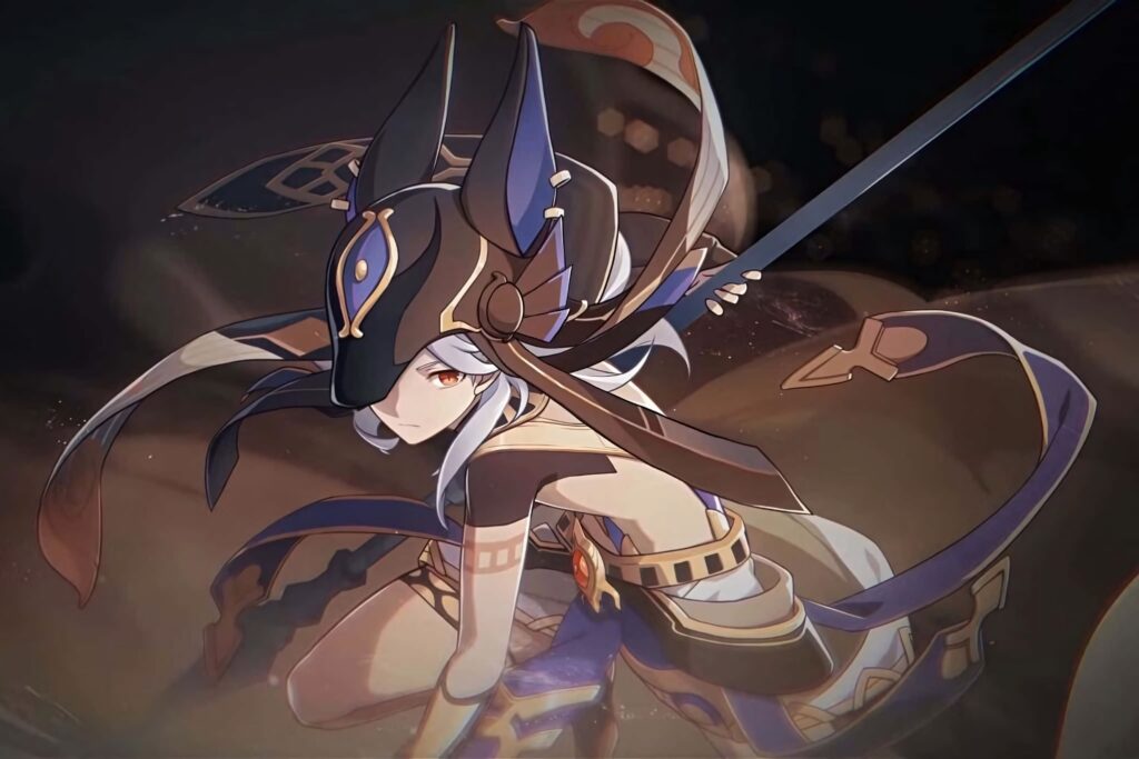 Cyno from Genshin Impact in dynamic pose with Anubis headpiece golden armor anime wallpaper background