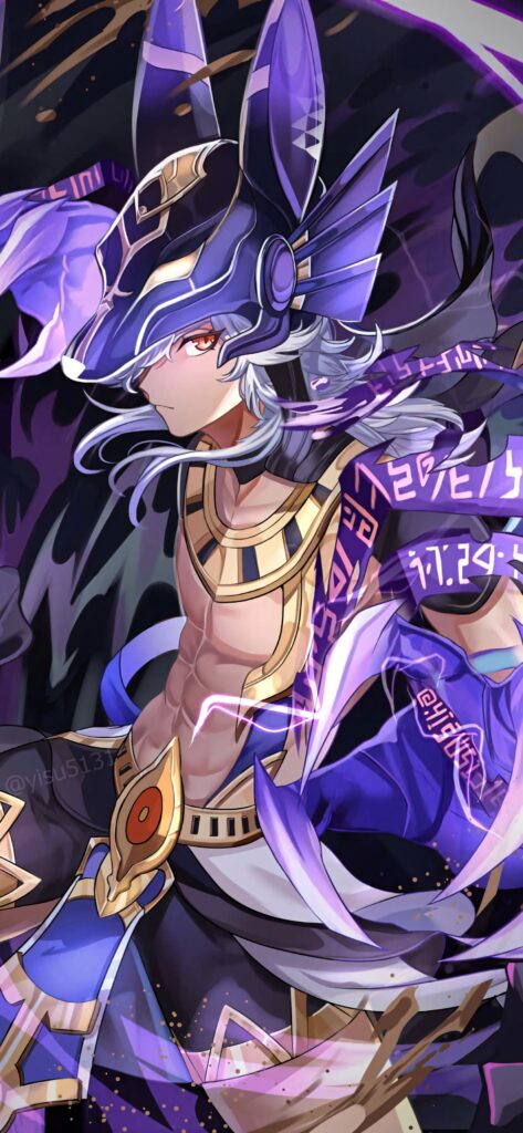 Cyno Genshin Impact wallpaper vibrant purple gold tones fierce gaze Anubis armor glowing runes
