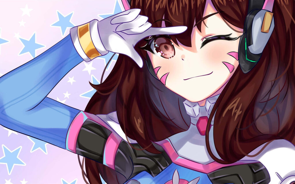 DVA Overwatch wallpaper vibrant blue pink suit pastel star background playful wink salute