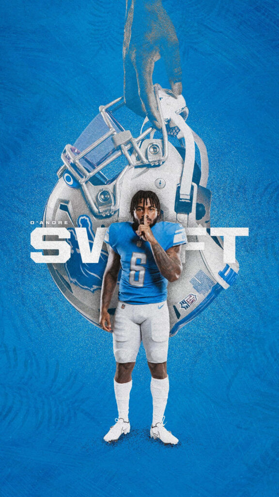 D'Andre Swift Detroit Lions uniform bold blue background football helmet hand dynamic artwork Wallpaper