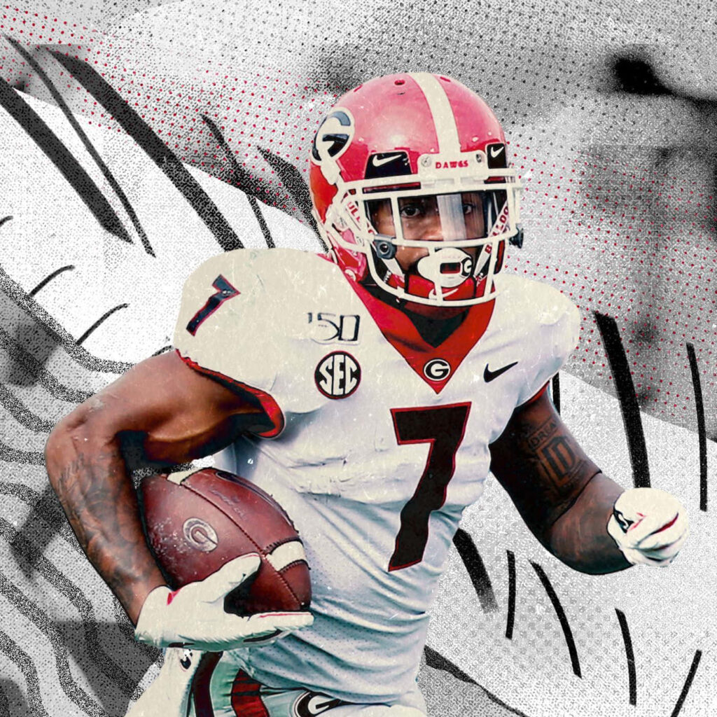DAndre Swift in Georgia Football uniform running with intensity on vibrant dynamic background Wallpaper