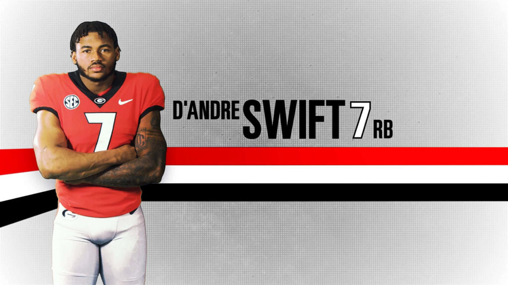 D'Andre Swift in Georgia football uniform with bold name number and team red black white stripes Wallpaper