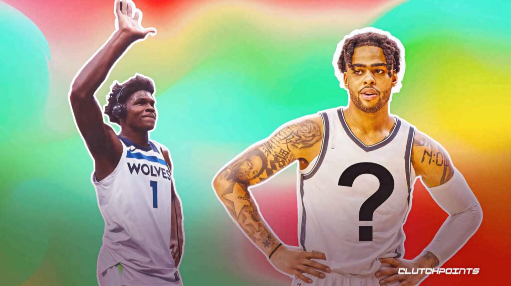 Vibrant basketball wallpaper featuring D'Angelo Russell and player with hands up on colorful gradient