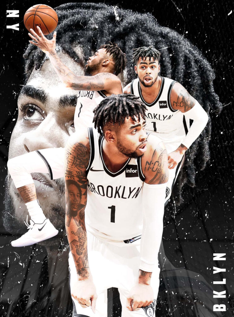 D'Angelo Russell Brooklyn Nets action poses dynamic wallpaper black and white artistic background