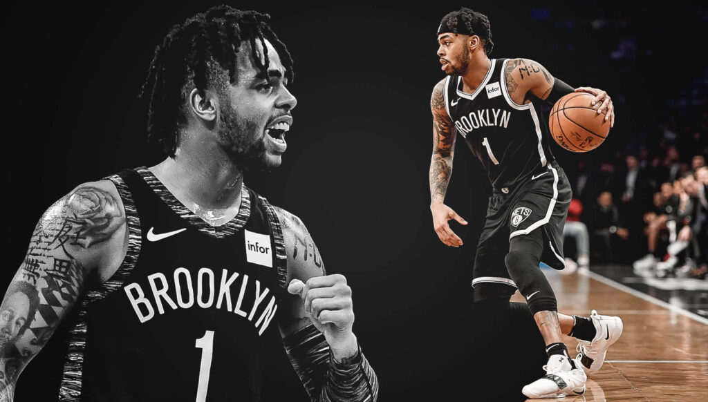 DAngelo Russell Brooklyn Nets collage wallpaper with close-up and action shot on dark background
