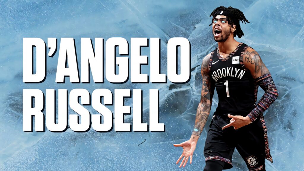 DAngelo Russell in Brooklyn Nets jersey on blue textured background minimalist basketball wallpaper