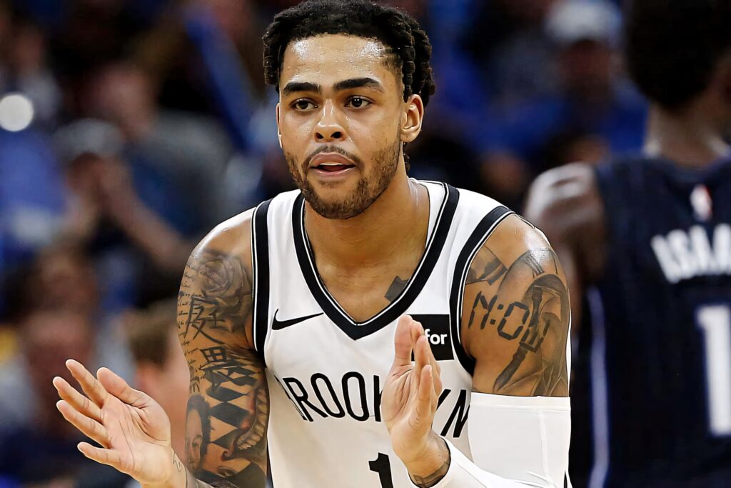 DAngelo Russell Brooklyn Nets midgame intense action NBA wallpaper tattooed player vivid colors